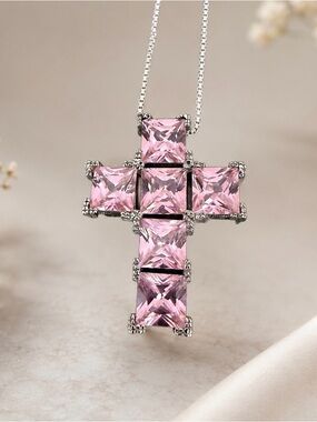 Sterling Silver Cross Semi Precious Pink Gemstones PRETTY
